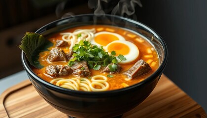 Steaming bowl of rich beef ramen, soft egg, fresh greens, spring onions, bowl