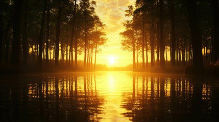 Obraz premium Serene Sunset Reflection Over Calm Water Surrounded by Lush Trees and Golden Sky in Tranquil Nature Landscape