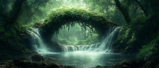 Lush jungle waterfall arch. Mystical scene