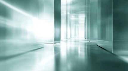 Modern, reflective interior hallway of glass and steel.
