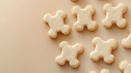 An aesthetic arrangement of bone-shaped pet treat biscuits displayed on a soft pastel beige background creating a visually appealing and appetizing layout.