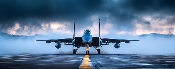 Fighter jet taxiing, foggy dawn
