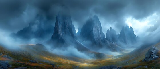 Misty mountain valley, scenic landscape, fantasy art, wallpaper