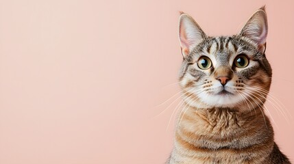 Tabby cat portrait with a curious expression against a soft pastel background offe space for pet food promotions and advertising text placement carefully.