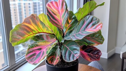 Obraz premium Vibrant, variegated foliage plant in a dark pot, sits on a wooden surface near a window, showcasing pink, red, yellow, and green hues
