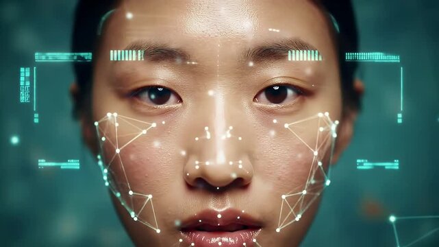 Young Asian Woman Face Scan with Facial Recognition Technology and Glowing Blue Pattern
