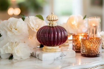 Ornate perfume bottle and candles on a marble surface.