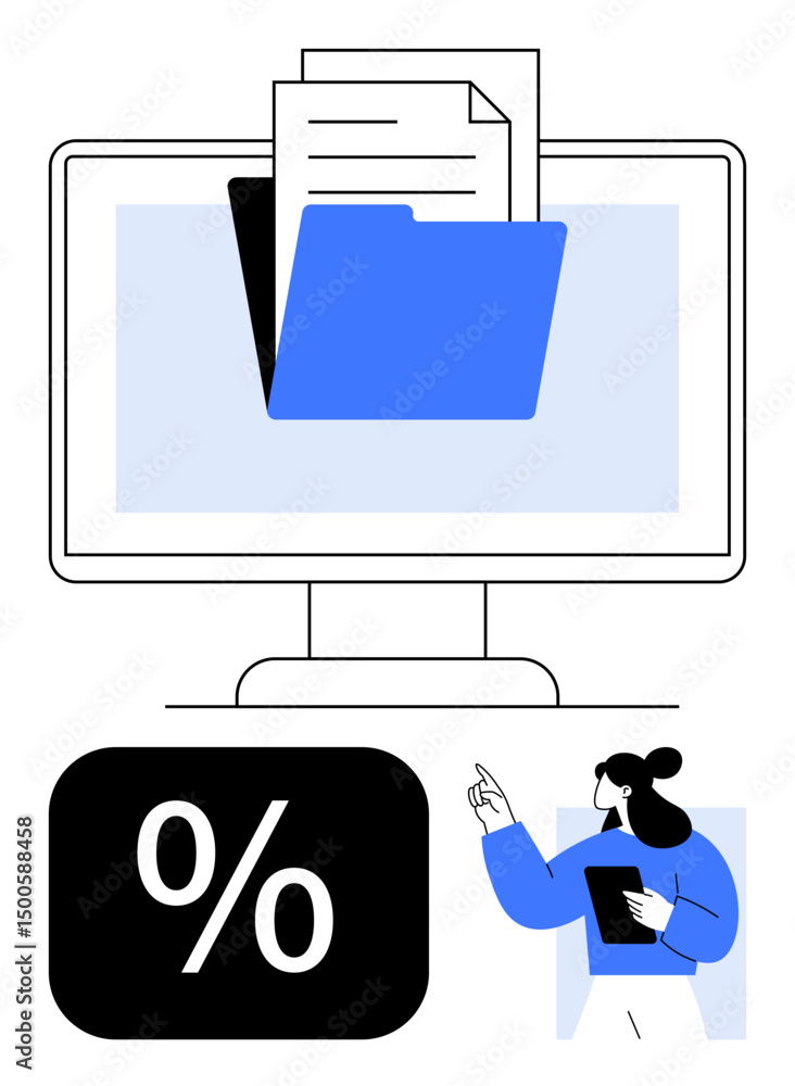 Poster desktop monitor displaying a folder with documents, percentage symbol denoting analytics, and figure