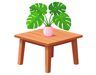 Modern Cartoon Vector Illustration Wooden Table with Monstera Plant