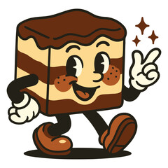 Tiramisu Dessert Cartoon Character Walking with Peace Sign