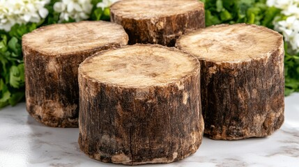Four Rustic Wood Round Pieces on Marble Surface with Blurred Floral Backdrop for Unique Texture and Decoration