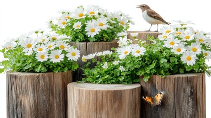 Serene daisies bird and butterfly on rustic wooden stumps enchanting harmony natural beauty