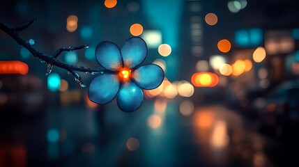 City night, rain, flower, bokeh, glow