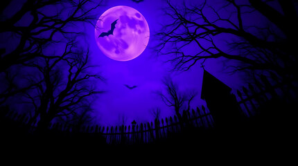 Bat Flying Over Purple Moon in Dark Spooky Night