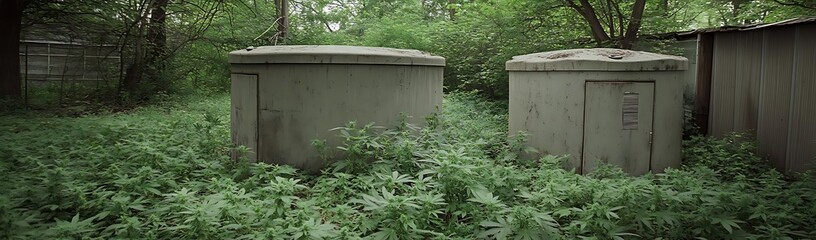 Overgrown concrete sheds, backyard