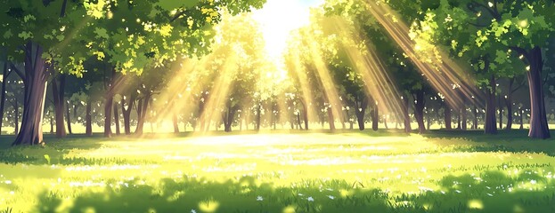 Sunlit forest glade, spring, calm