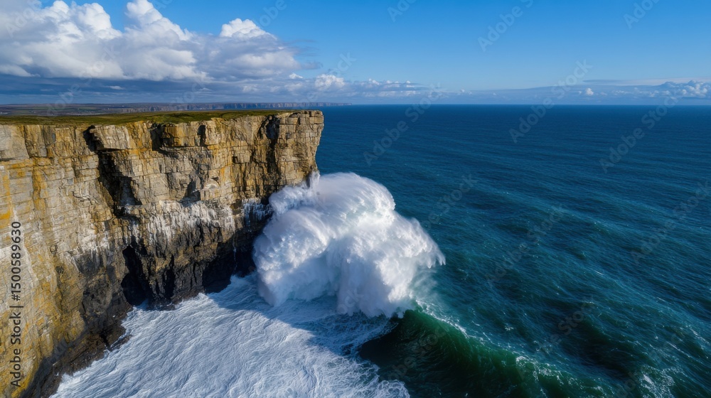 Poster turquoise waves crash violently against steep, rugged cliffs, sending up splashes of white foam. the