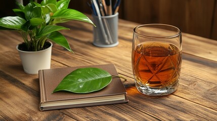 Wooden desk with a drink, plant, and notebook.  A glass of amber liquid sits beside a journal and a potted plant