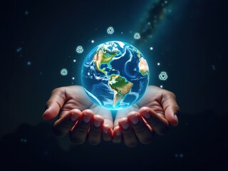 Global Embrace: Two hands cradle a glowing, ethereal representation of the Earth. In this digital artwork, the globe emanates with a soft, warm light, symbolizing care and conservation