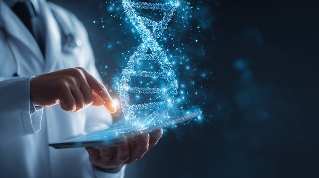 Doctor using tablet to access electronic medical records with dna hologram and futuristic digital healthcare interface
