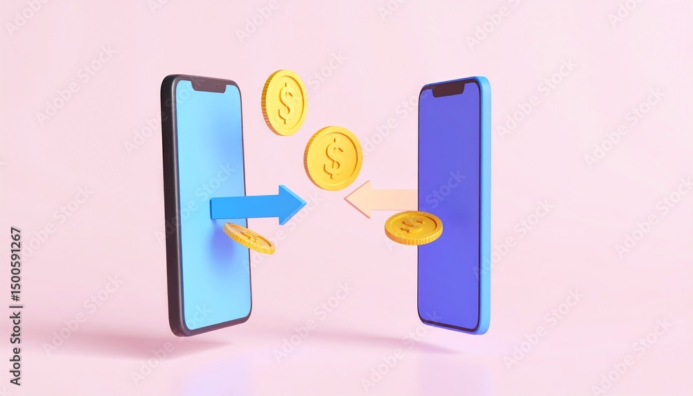 Poster a modern smartphone displaying a coin emerging from the screen illustrating digital currency and tra