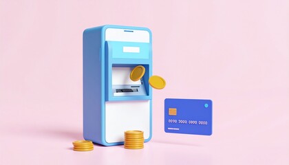 A blue atm machine displaying a coin to illustrate the ease of access to cash and digital banking services