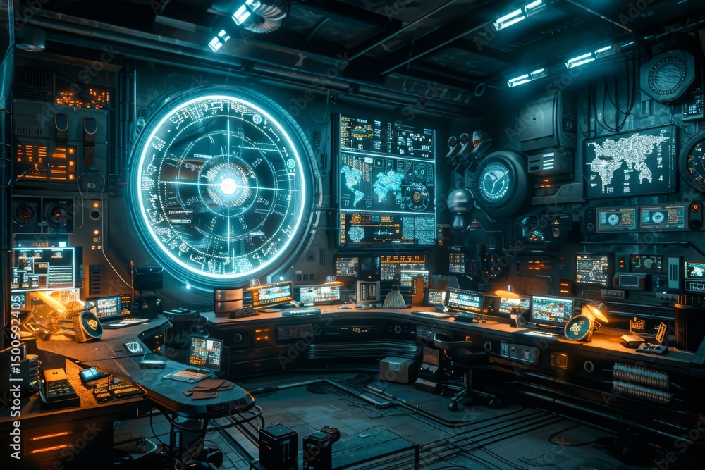 Poster futuristic control room stock image with glowing interface for sci-fi and technology projects