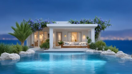 Fototapeta premium Modern Waterfront House Infinity Pool Sunset Luxury Villa