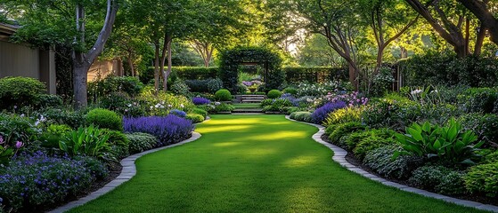 Lush garden path, tranquil scene