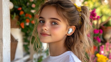 Young girl wearing wireless earbuds outdoors, surrounded by flowers