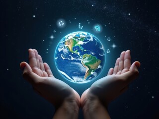 Protecting Our Planet: A pair of hands cradle a glowing Earth, surrounded by symbols of nature's bounty, against a backdrop of the night sky.