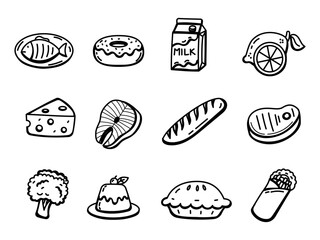 Set of foods doodle illustration on a white background. Foods doodle elements