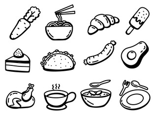 Set of food doodle illustration on a white background. Foods doodle elements