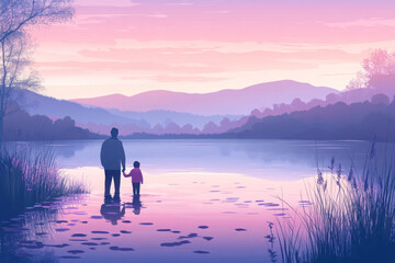 A parent and child stand by a tranquil lake at sunset, surrounded by serene mountains and calm water reflections.