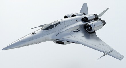 Sleek futuristic aircraft sharply rendered against bright white background. AI Generated