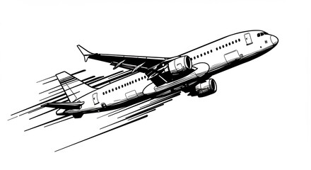 Rapidly ascending jet airplane powerfully taking flight dynamic black and white illustration. AI Generated