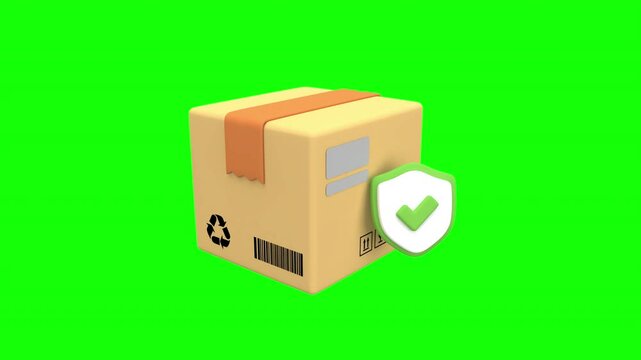 3d animation package security and quality assurance, featuring a sealed cardboard box with a protective shield and checkmark, highlighting trust, safety, and reliable shipment with alpha channel