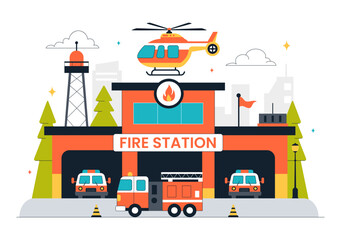 Fire Station Building Vector Illustration Featuring a Department and Fire Engine Car with Firefighters in a Flat Style Cartoon Background