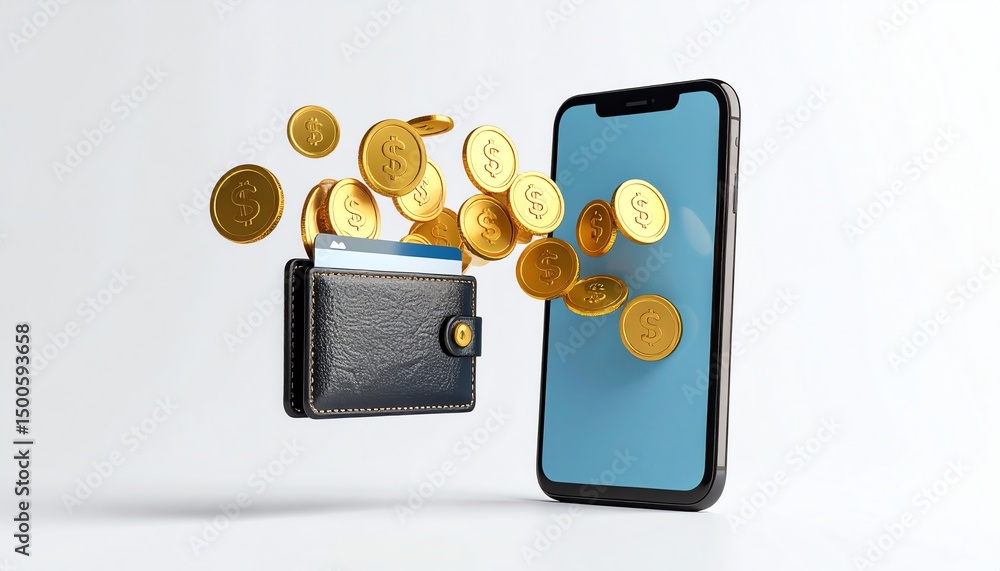 Poster a wallet and smartphone with a coin emerging from the device representing digital payments and mobil