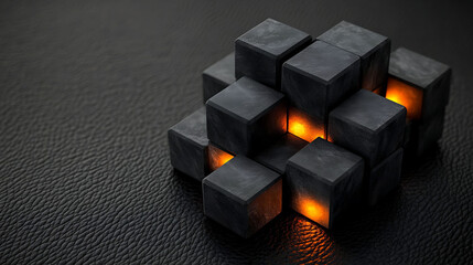Uneven stack of charcoal cubes glowing along their edges with dim orange light, placed on a tactile grainy black leather background,