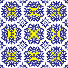 Turkish ornament. Moroccan tile mosaic. Spanish porcelain. Ceramic tableware, folk print. Spanish pottery. Ethnic background. Mediterranean seamless wallpaper.