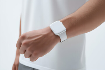 Person Wearing a White Smartwatch on Wrist Checking the Time, Fitness and Running Concept, blank for mock up