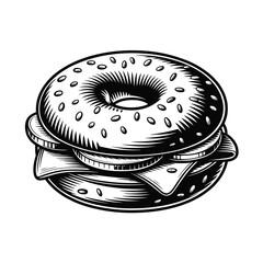 Monochrome Bagel Sandwich Illustration with Cheese Tomato and Onion