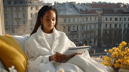 Young woman sketching by window, city view. Relaxed, focused artist