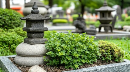 Zen garden detail with stone lantern and greenery
