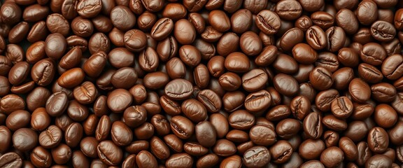 Obraz premium Close-up of roasted coffee beans, rich brown hues, showing texture and detail, brown background, rich