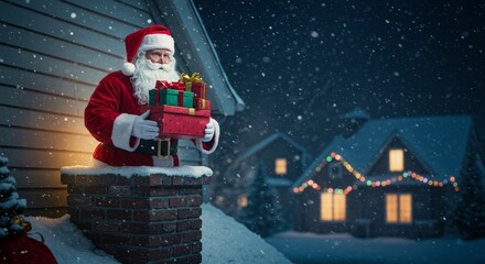 Photo of Santa Claus Delivering Presents on Christmas Eve at Night