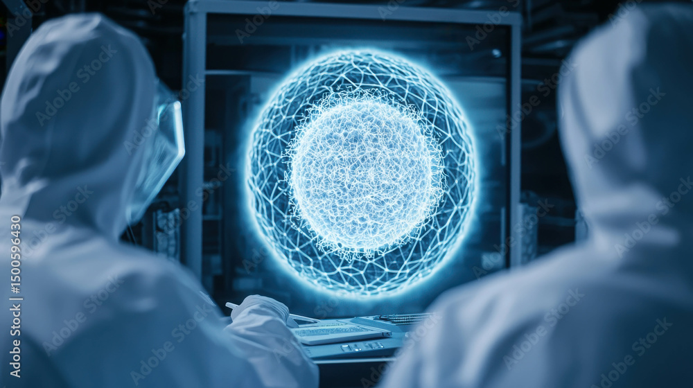Poster scientists in protective gear analyzing holographic sphere representing advanced technology and quan