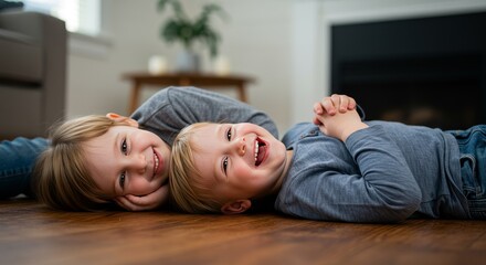 Photo of Smiling Children Lying on Wooden Floor at Home in Casual Clothes