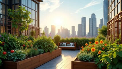 Fototapeta premium Urban Rooftop Oasis: A lush rooftop garden with vibrant flowers and verdant greenery, offering a tranquil escape amidst the towering skyline of the city.